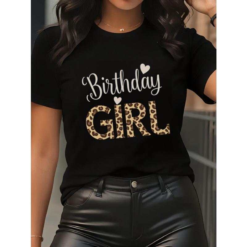 Europese Maat Dames Zwart Verjaardag Grafisch T-shirt | Korte Mouw, Ronde Hals, Casual Feest Tee, Luipaardprint, Letterprint, Comfortabele Pasvorm