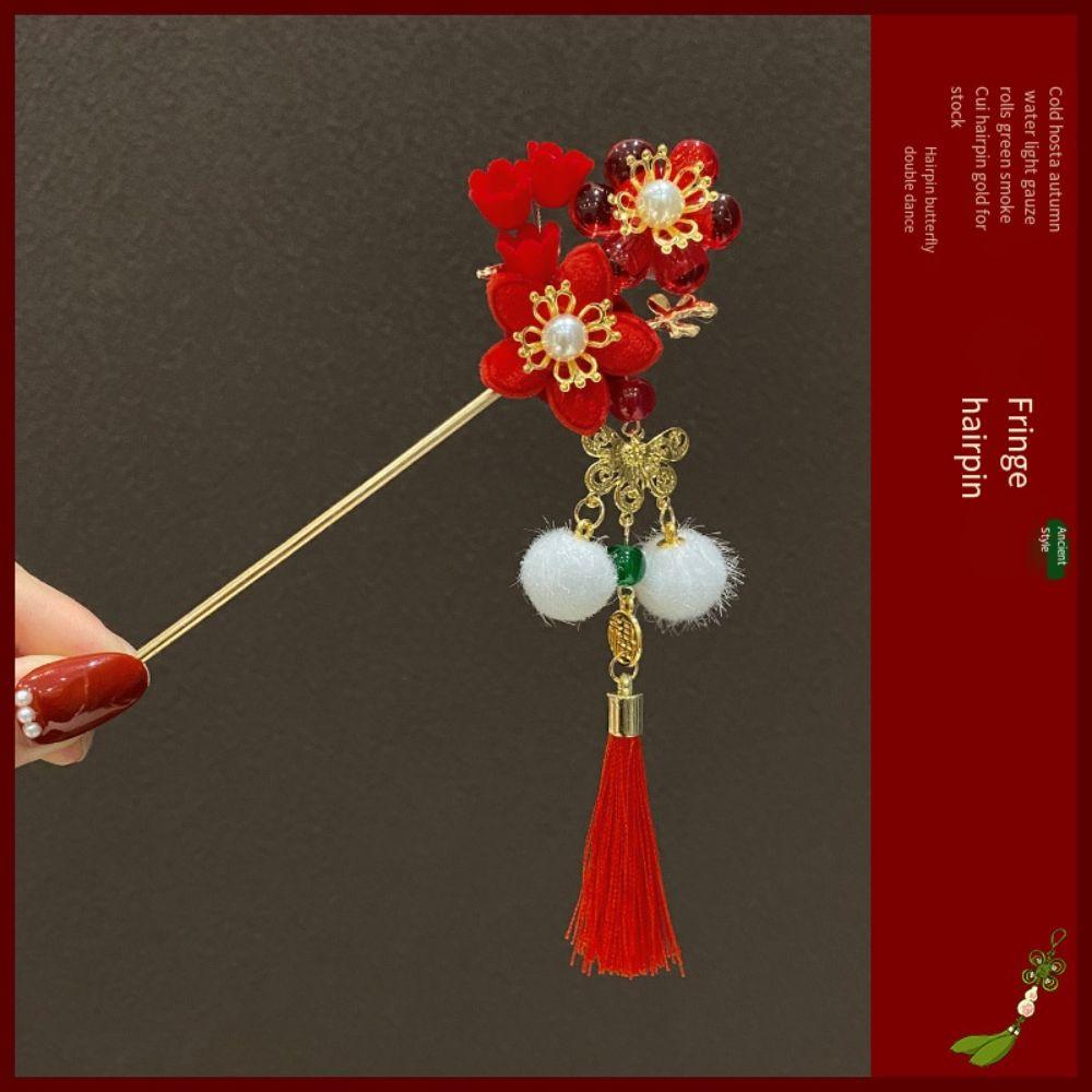 Red Flower Chinese Headwear Classic Hanfu Hairpin Beauty Pendant Hair Stick  Girls