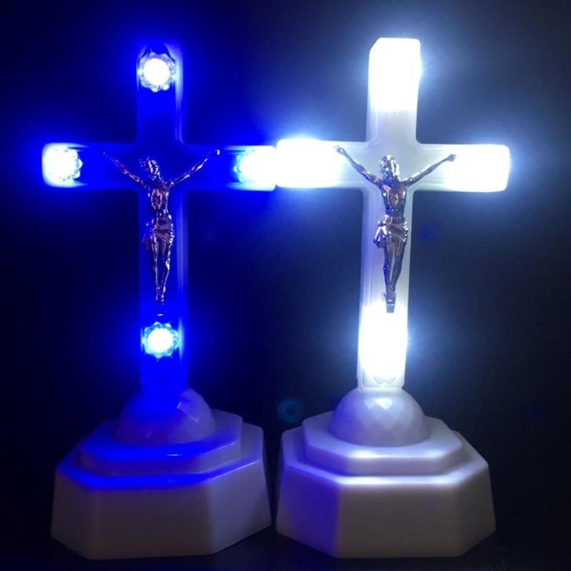 1PC European Style Boutique LED Light Christ Jesus Lcon Cross Home Church Pray Ornaments Church Souvenirs