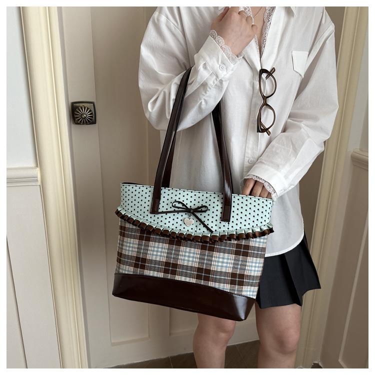 Koreanische Gepunktete Karomuster Schultertaschen für Damen Minzschokolade Große Kapazität Damen Tragetasche Vielseitig Mädchen Unterarmtasche Handtaschen