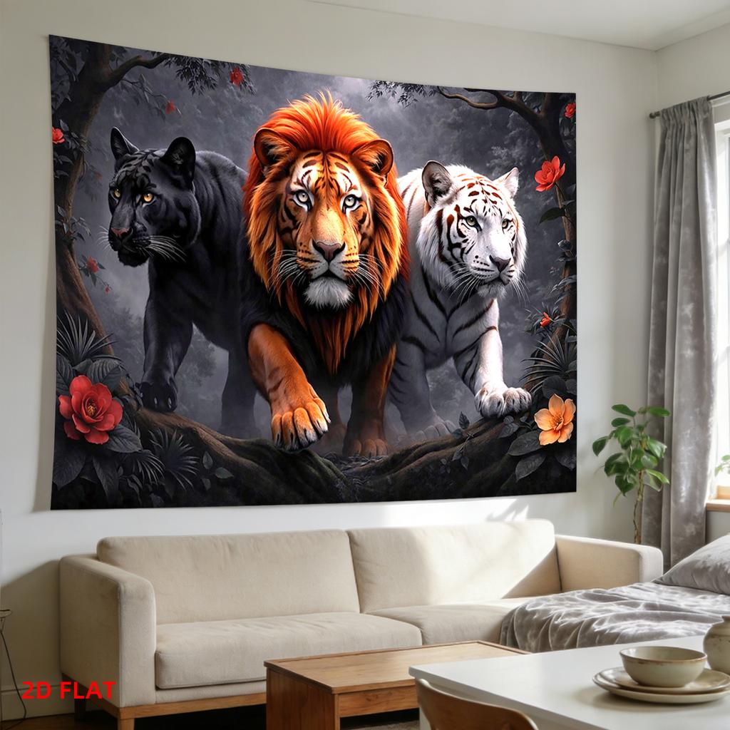 Majestätischer Löwe Tiger Schwarzer Panther Dschungelblumen Wandteppich Wandbehang Für Wohnzimmer Schlafzimmer Dekor Wildtier Kunstdruck Zuhause