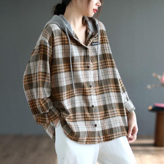 Women Shirt Hooded Drawstring Long Sleeve Plaid Print Patchwork Color Shirt Tops Single Breasted Loose Fit Shirt Coat