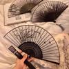 Chinese Black Ink Qipao Folding Fan - Portable Bamboo Tassel Fan for Hanfu