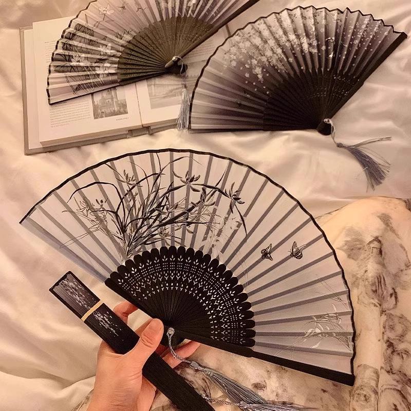Chinese Black Ink Qipao Folding Fan - Portable Bamboo Tassel Fan for Hanfu