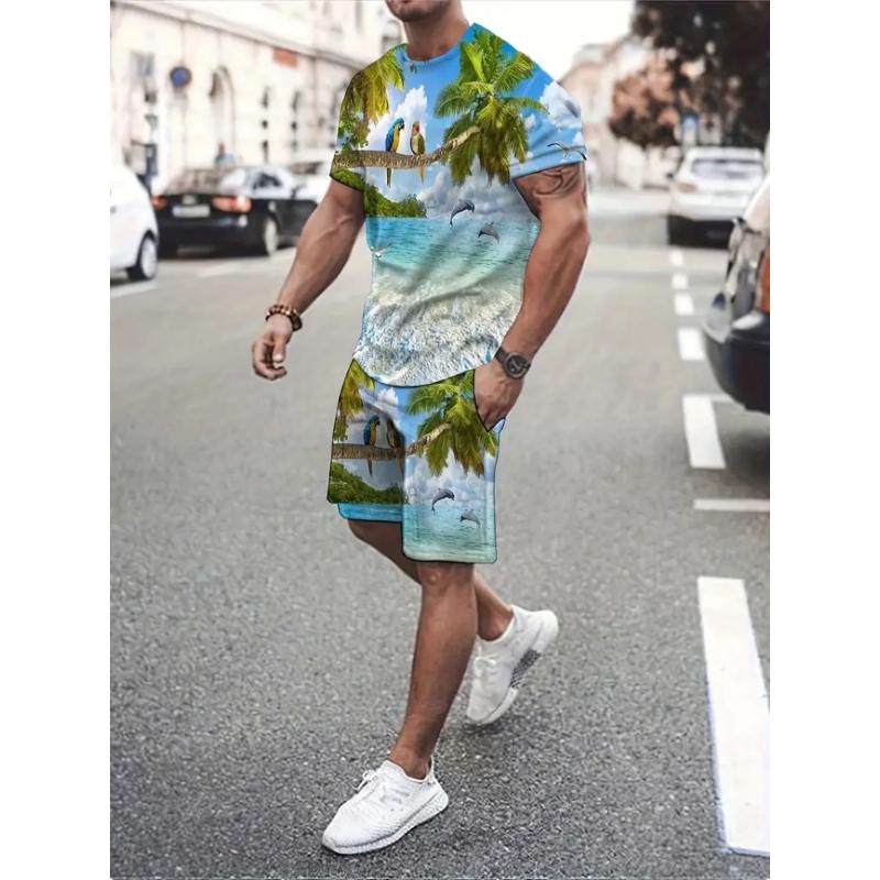 Hawaiian Coconut 3D Print Fashion Crew Neck Men's Suit Everyday Casual Short Sleeve And Shorts Harajuku Street Fashion Suit