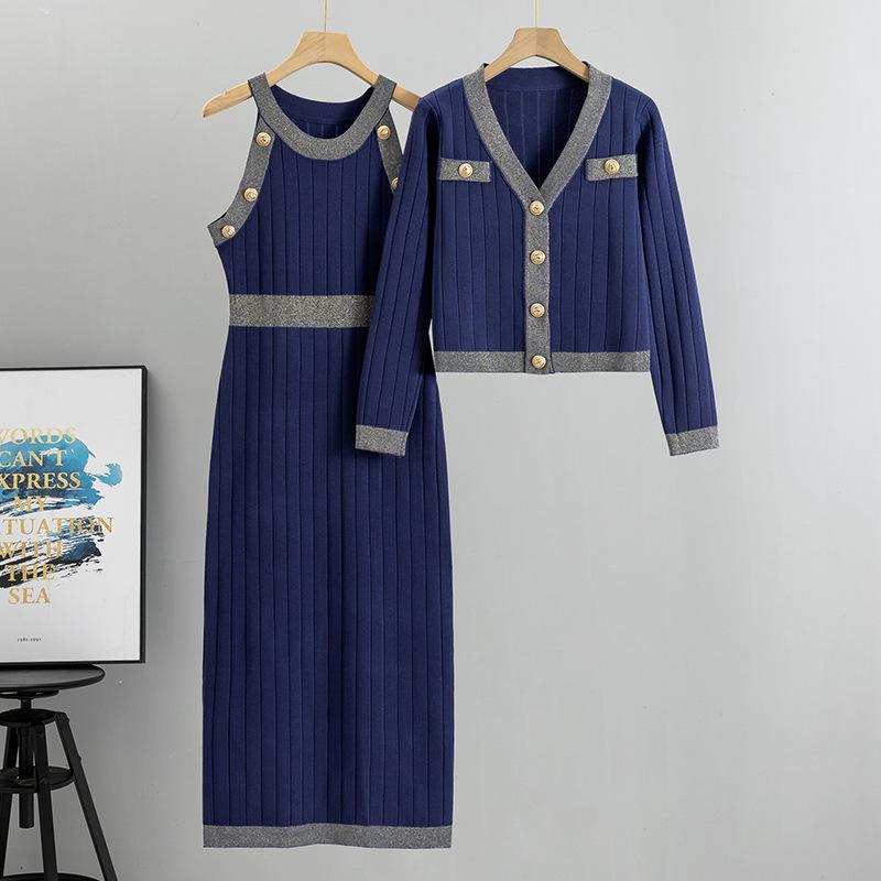 Temperament Celebrity High Waist Fashion Sweater Dress Autumn Women's Knitwear Vest Dress Suit