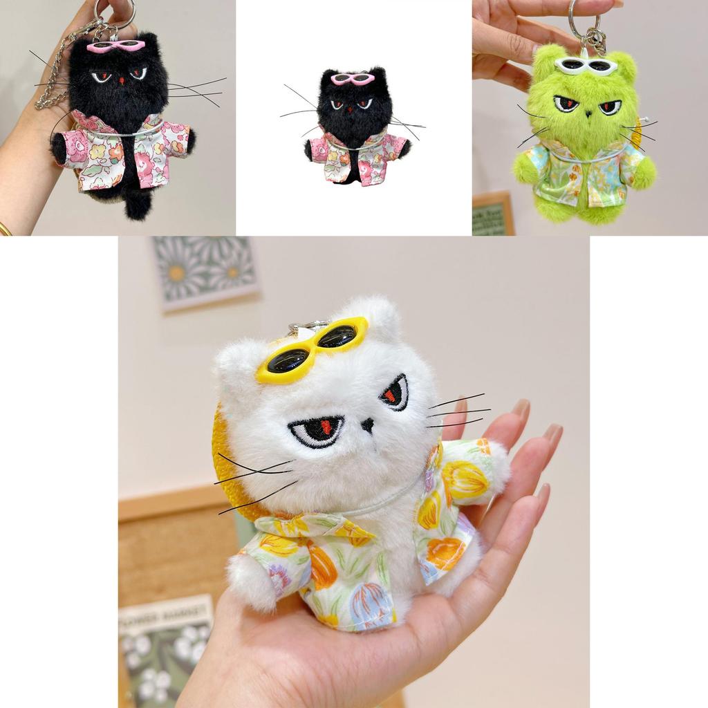 Cat Plush Keychain With Flower Shirt And Sunglasses Design For Bag Accessory And Collectors Item