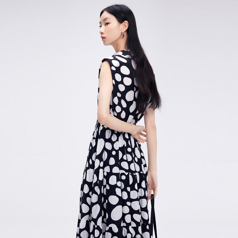 Women's Lapel Polka Dot Sleeveless Long Dress