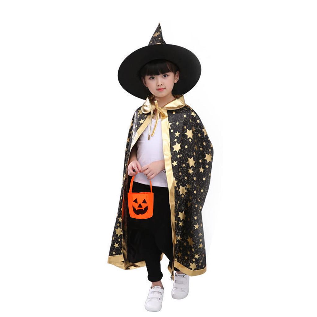 Conjunto de Fantasia de Bruxa Moerstar para Halloween, Conjunto de 3 Peças para Crianças, Inclui Capa, Chapéu e Bolsa de Abóbora, Unissex, Perfeito para Halloween, Natal, Festas,