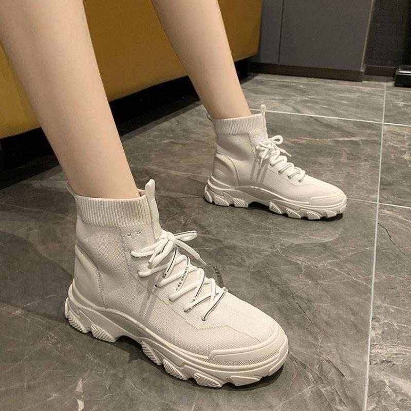Fashion Elastic Footwear White Booties Short Shoes for Woman Sock with Laces Work Lace-up Gothic Demi-season Y2k Pu Women's Ankle Boots