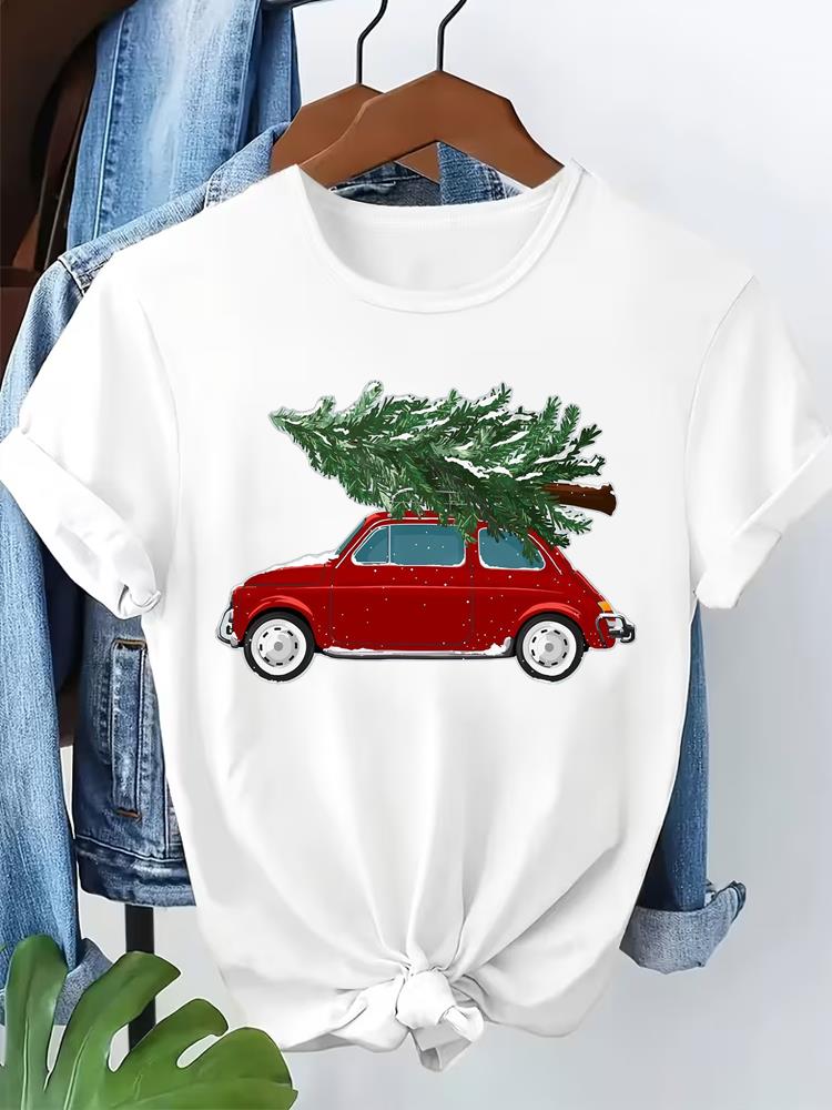 (Asian Size) T Shirt Print Fashion Cute Lovely 90s Merry Christmas Women's Top Short Sleeve T-shirts O-neck Casual New Year Clothing Graphic Tee