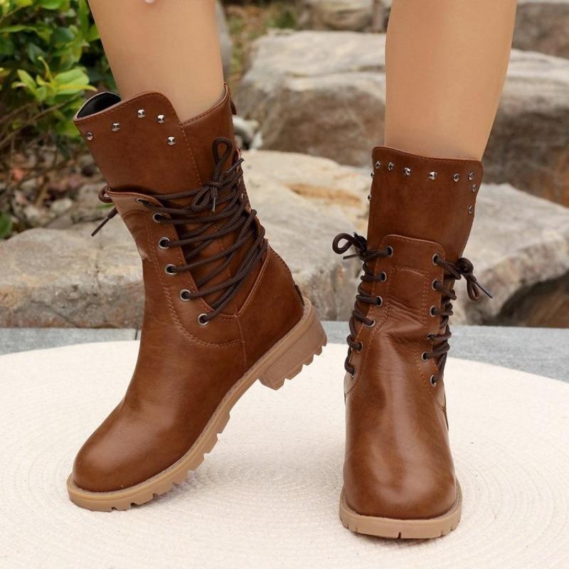 Large Size Boots Women's Autumn and Winter New Locomotive Boots Wind Lace-up Retro Wind Rivet Knight Boots Women