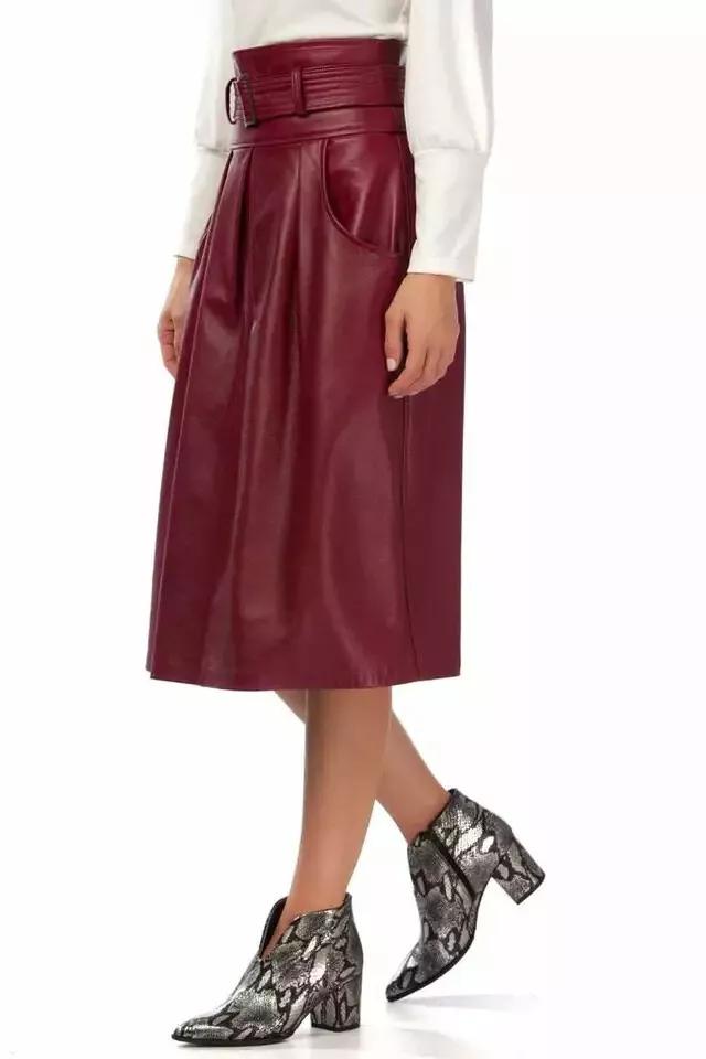 Lambskin Leather Casual Stylish Party Women Skirt Burgundy Long Handmade Genuine