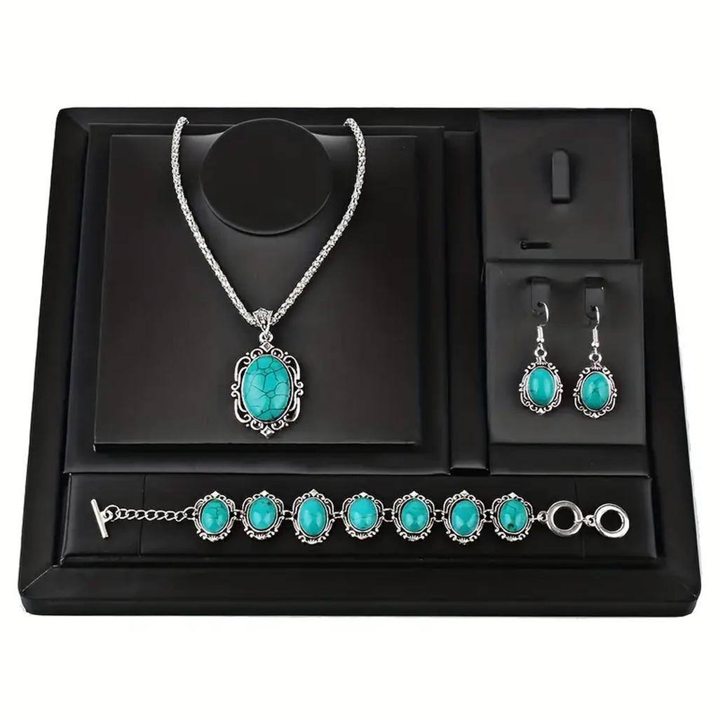 Fashion Ladies Accessories Set Turquoise Alloy Bracelet Holiday Bonus Boho Retro Vintage Suitable for Necklace Earrings Set Holiday Wear 4pcs/set