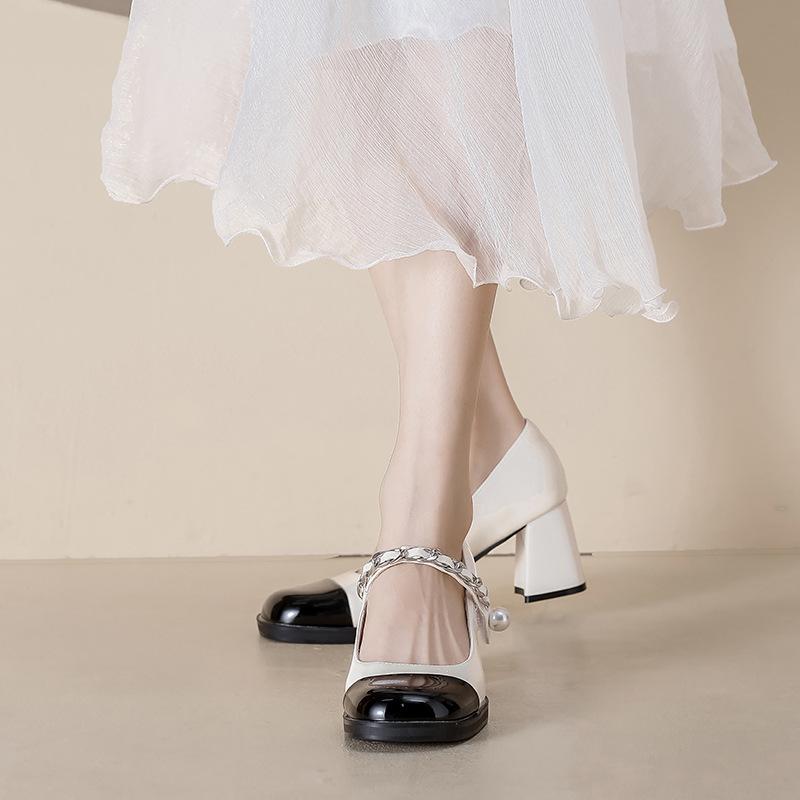 Pantofi Mary Jane francezi retro cu toc gros, culoare asortată din piele lăcuită cu perle, pantofi cu toc gros, tocuri înalte pentru femei