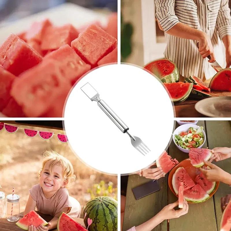 1-5 Stück 2-in-1 Edelstahl Obstschneider Wassermelonen-Gabel-Schneider Tragbares Küchenwerkzeug für Zuhause, Party, Camping