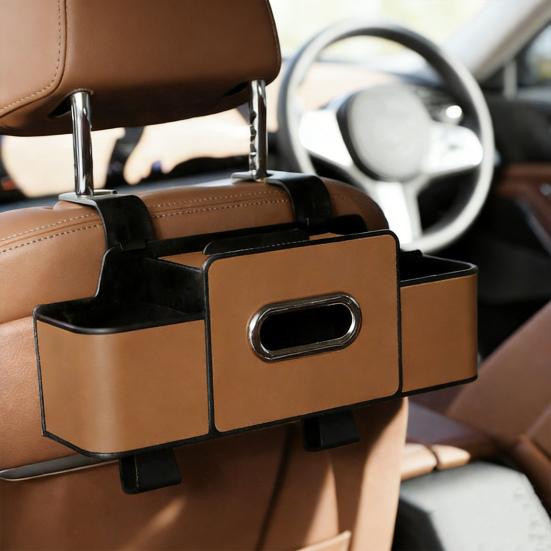3-in-1 automobilio galinės sėdynės organizatorius Daugiafunkcinė galinės sėdynės laikymo dėžutė su 2 puodelių laikikliais, servetėlių dėžute ir kabliukais telefonams, užkandžiams, gėrimams, rankinėms laikyti