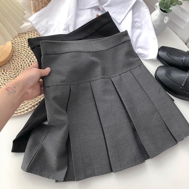 Jupe Courte Ajustée Jupe Taille Haute Jupe en Laine Grise pour Femmes Automne Hiver Petite Casual Polyvalente Toutes-saisons Jupe Plissée Jupe Trapèze