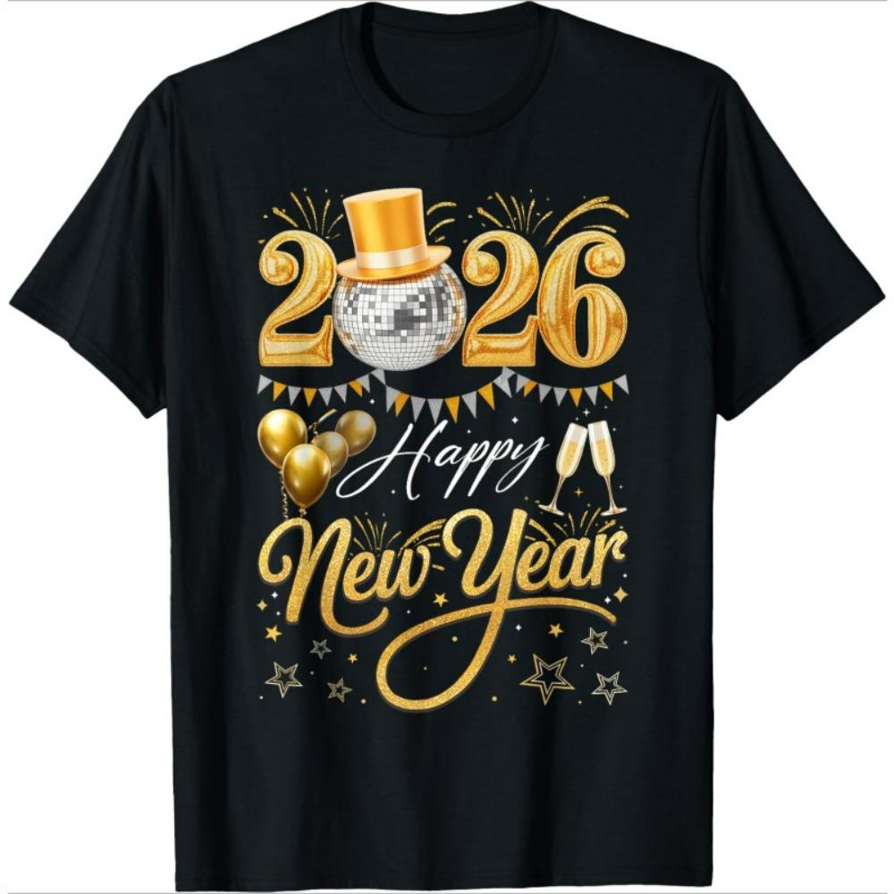 T-Shirt mit Neujahrsmotiv 2026 – Modisches Design für Damen und Herren – Lässiges Kurzarm-T-Shirt mit Rundhalsausschnitt und Aufdruck „Frohes Neues Jahr 2026“