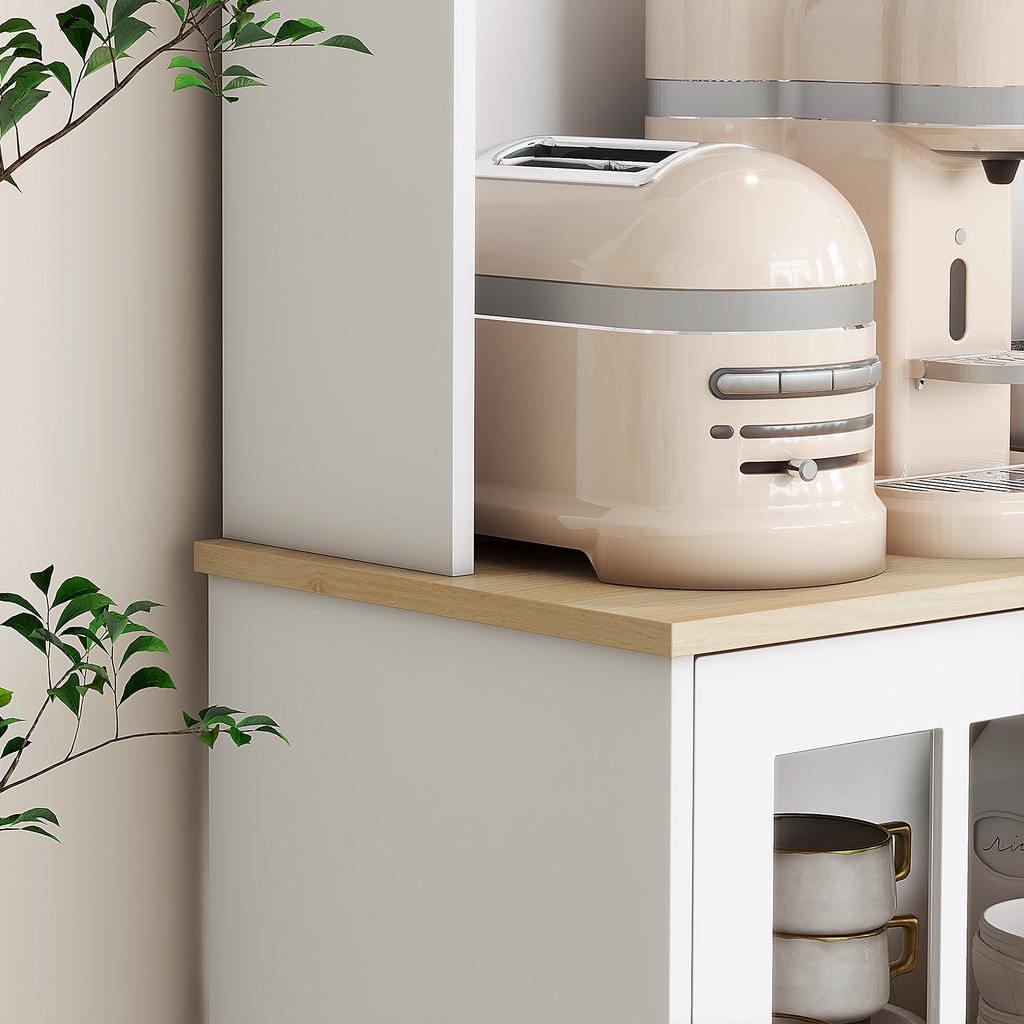 Freestanding Kitchen Cupboard, Storage Cabinet with Doors and Adjustable Shelves, Counter Top, Grid Glass Doors, 80L X 37W X 183H Cm - White