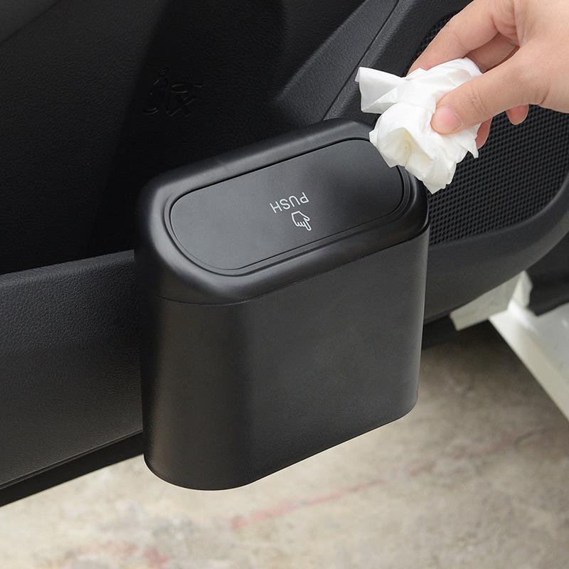 Lixeira de carro suspensa para veículo, caixa de armazenamento para lixo, preto, ABS, quadrado, tipo prensagem, lata de lixo, interior do automóvel