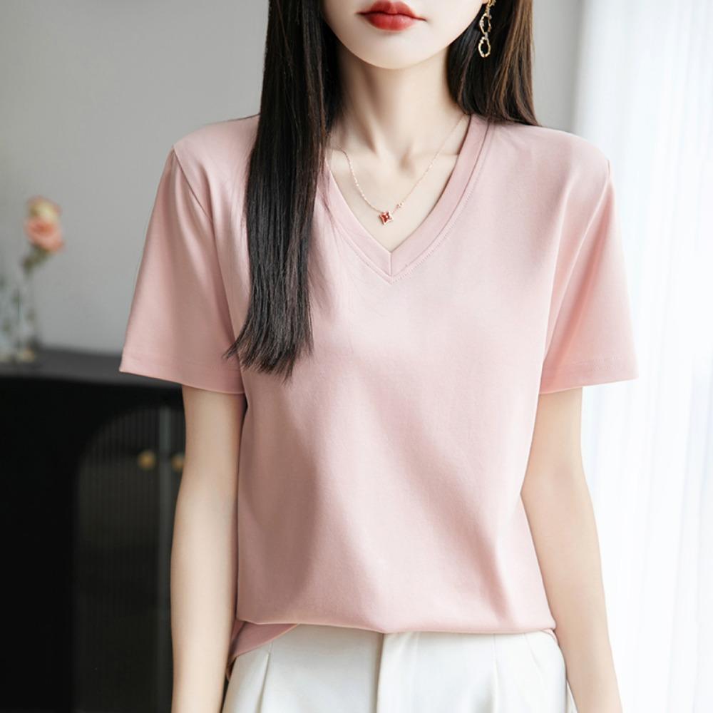 2026 Summer New V-neck Short-sleeved T-shirt Women's Solid Color Joker Pullover Shirt with Loose Sleeve Bottom Shirt
