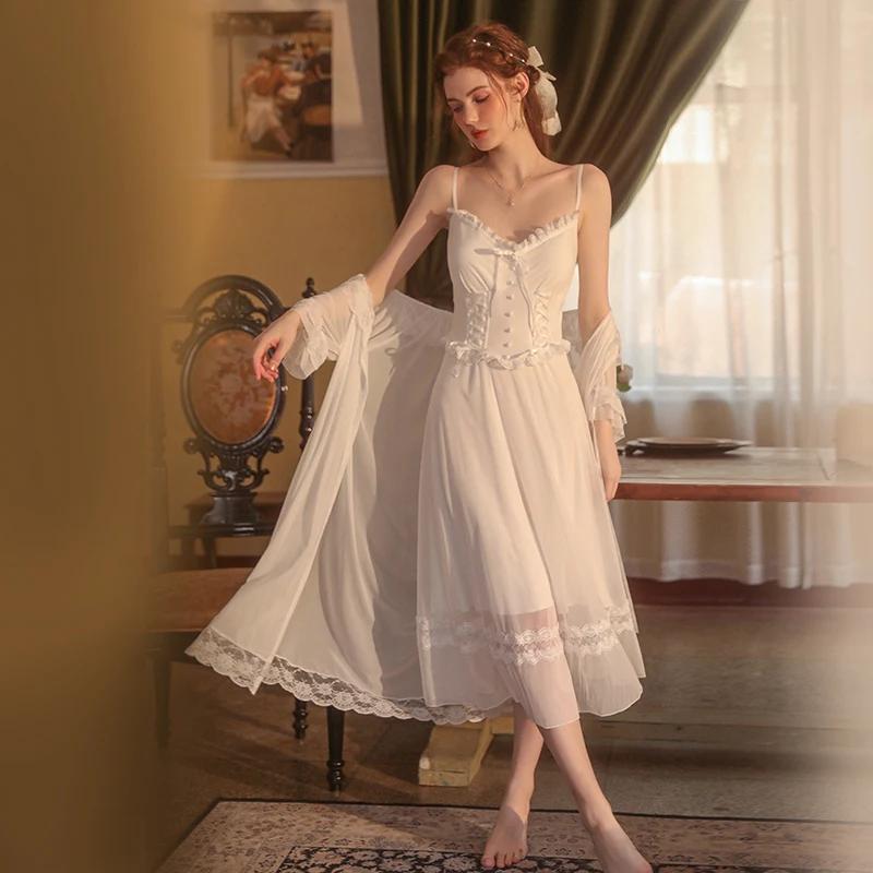 Nightgown Women Nightgown Set Springtime Lace Solid Mesh Nightgown Comfortable Women's Home Clothes