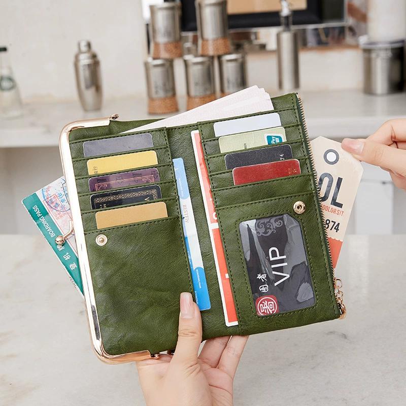 Retro Damen Geldbörse Einfarbig Multifunktionale Lange Geldbörse Vintage Clutch Münzbörse Damen Kartenhalter Reißverschluss Geldbörse
