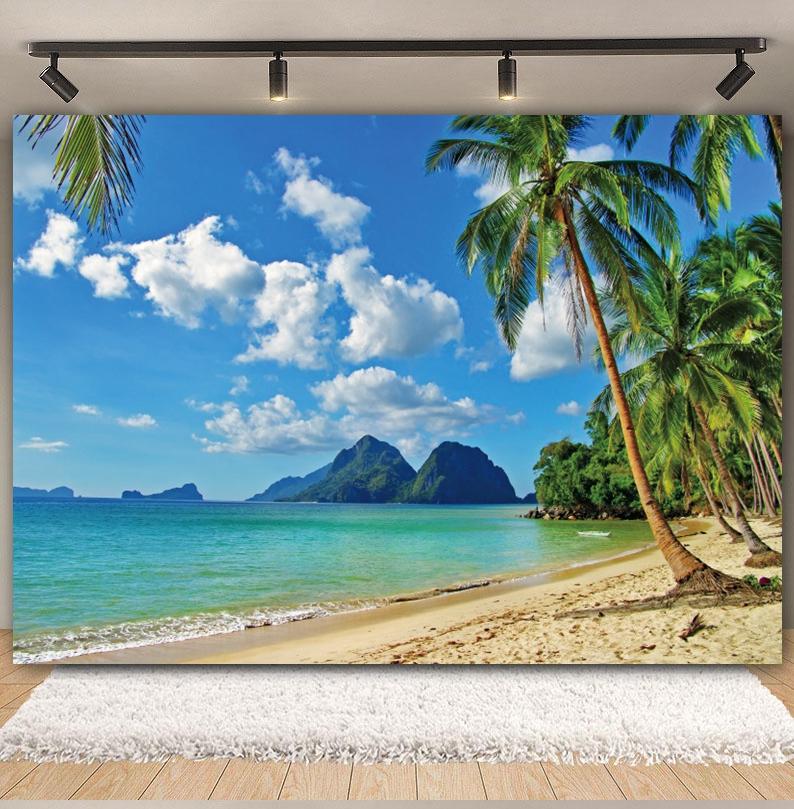 Tropical Beach Backdrop for Photography Summer Hawaii Blue Ocean Wave Seaside Palm Tree Kid Holiday Party Photo Background Decor