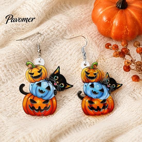 Halloween Holiday Party Accessories 1 Pair Drop Dangle Earrings for Women, Acrylic Pumpkin Gifts Girls Black Cat Earrings, Jewelry Lovers Double Sided