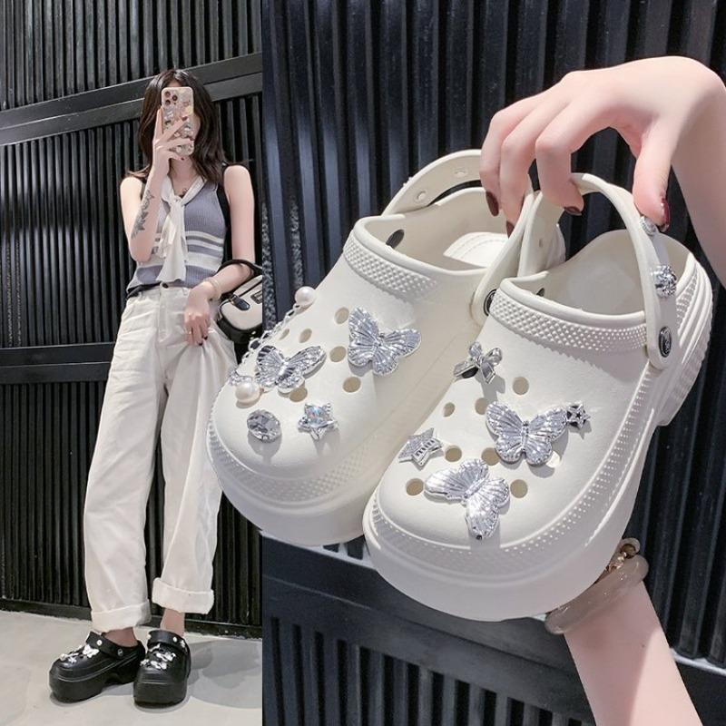 Fashion Bling Pearls Diamond Cute Bear Decor Vented Clogs Slides 7CM Platfrom Outdoor Beach Sandals Summer Girls Slippers Women Shoes
