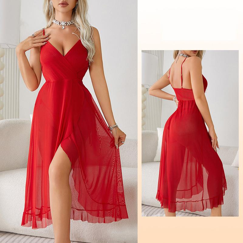 Dámské letní sexy síťované pyžamo s vyšívanou krajkou