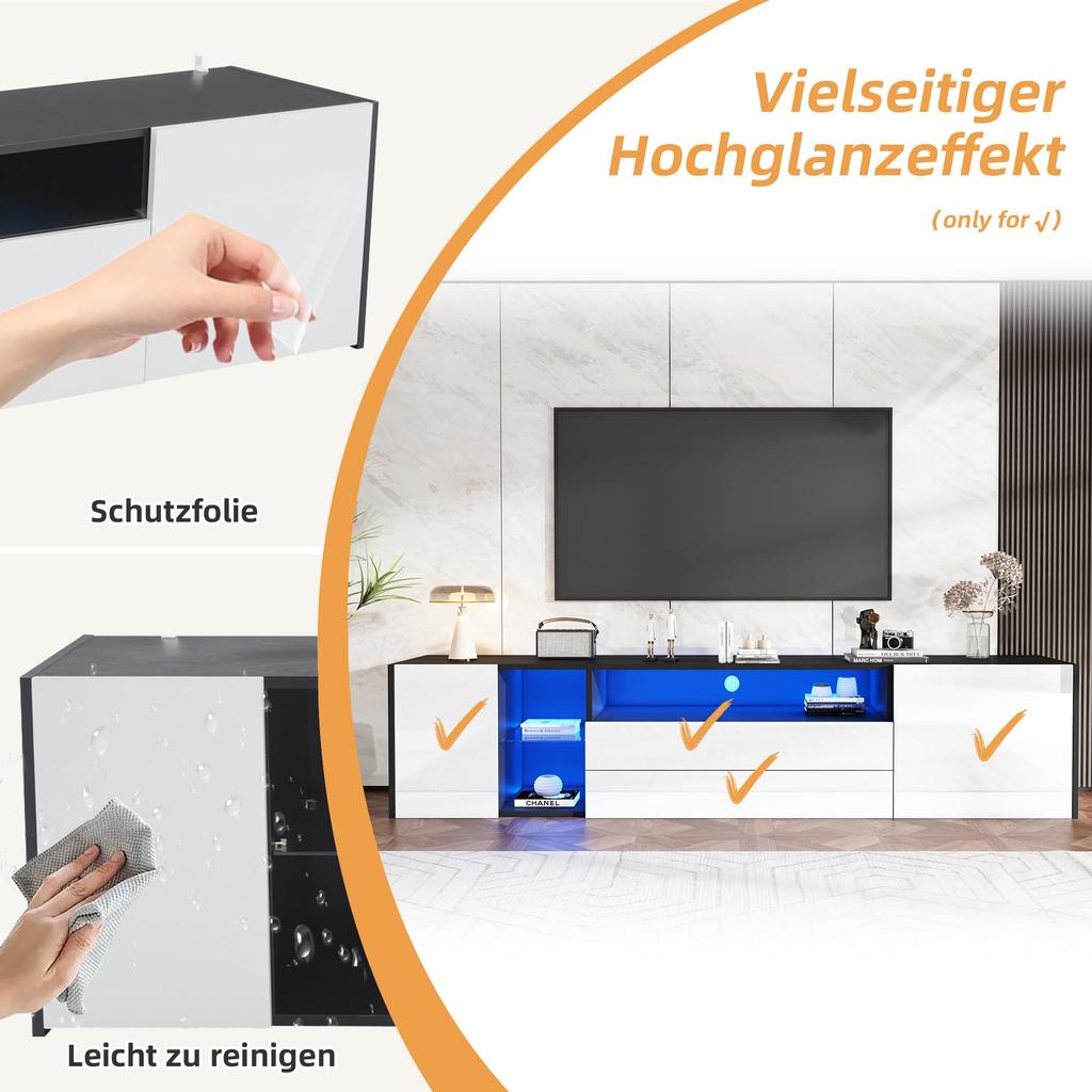 TV Cabinet LED, High Gloss 2 Doors 2 Drawers, TV Stand for Television Up To 75 Inches, TV Lowboard Living Room, Dining Room, 180cm, Black & White