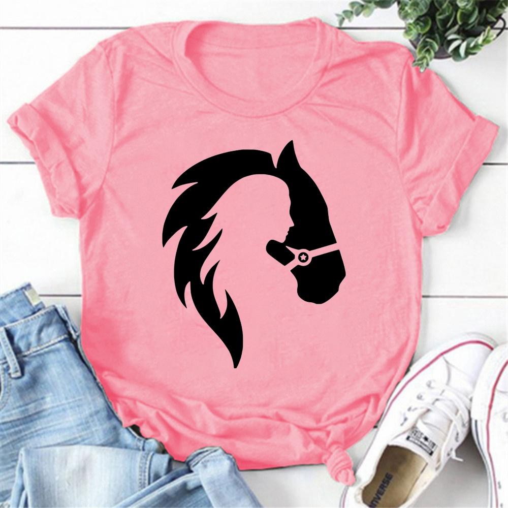 Cute Horse Head Print T Shirts for WomenGirls Casual Round Neck Tees Top New Year Summer Womens Fit Tee Shirts