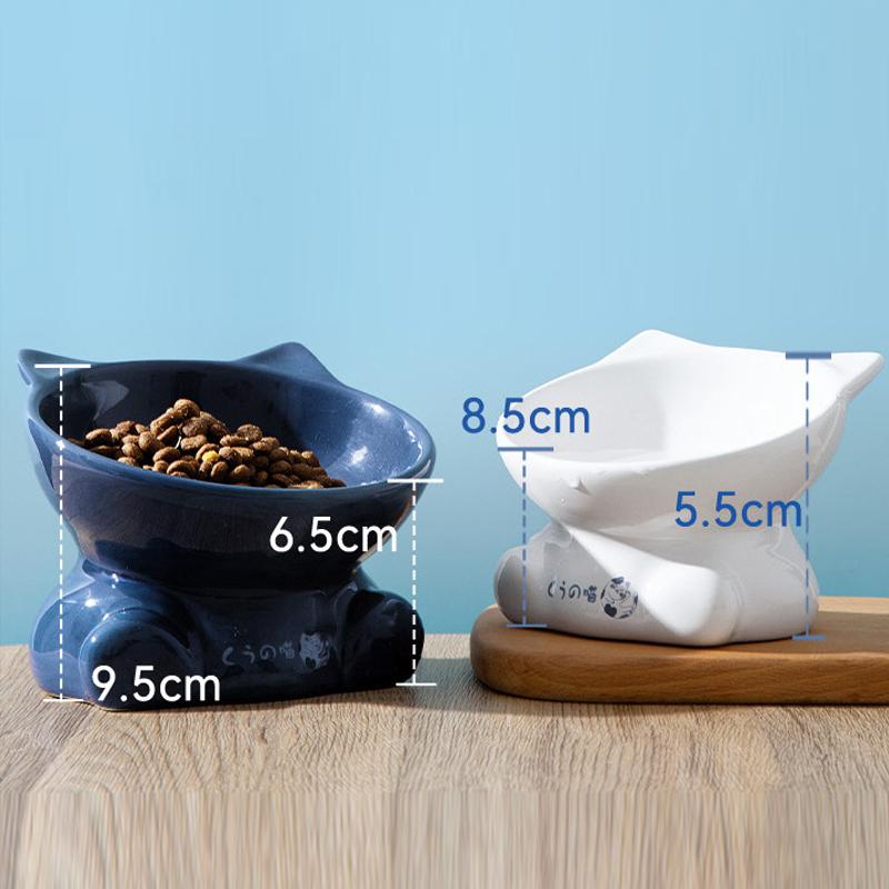 Ceramic Tall Footed Cats Bowls, Anti Overturning Oblique Mouth Neck Protection Cat ear shape Bowl Pet Articles, 1Pc