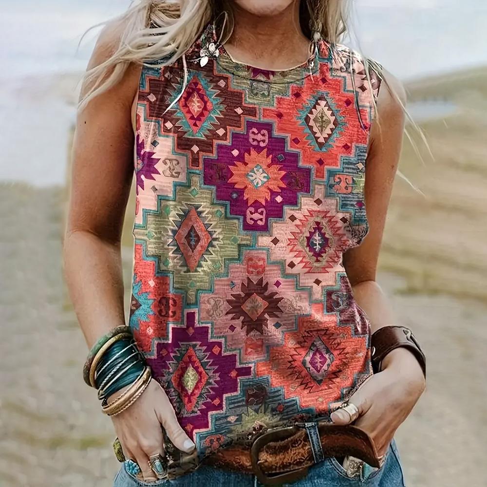Módne Nové Dámske Športové Tielka Bez Rukávov Voľné Ležérne Tank Topy Vintage 3D Geometricky Potlačené Bez Rukávov S Okrúhlym Výstrihom Tričká