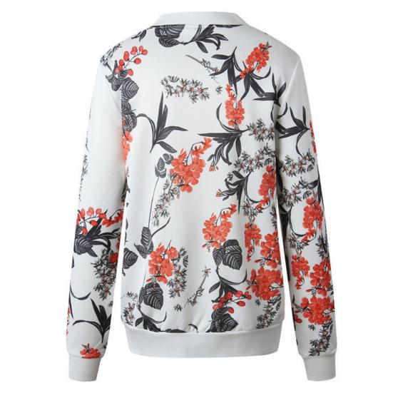 Fall Spring Lady Coat Floral Print Cardigan Zip-up Long Sleeves Elastic Cuff Stand Collar Cardigan Daily Wear Commuting Jacket