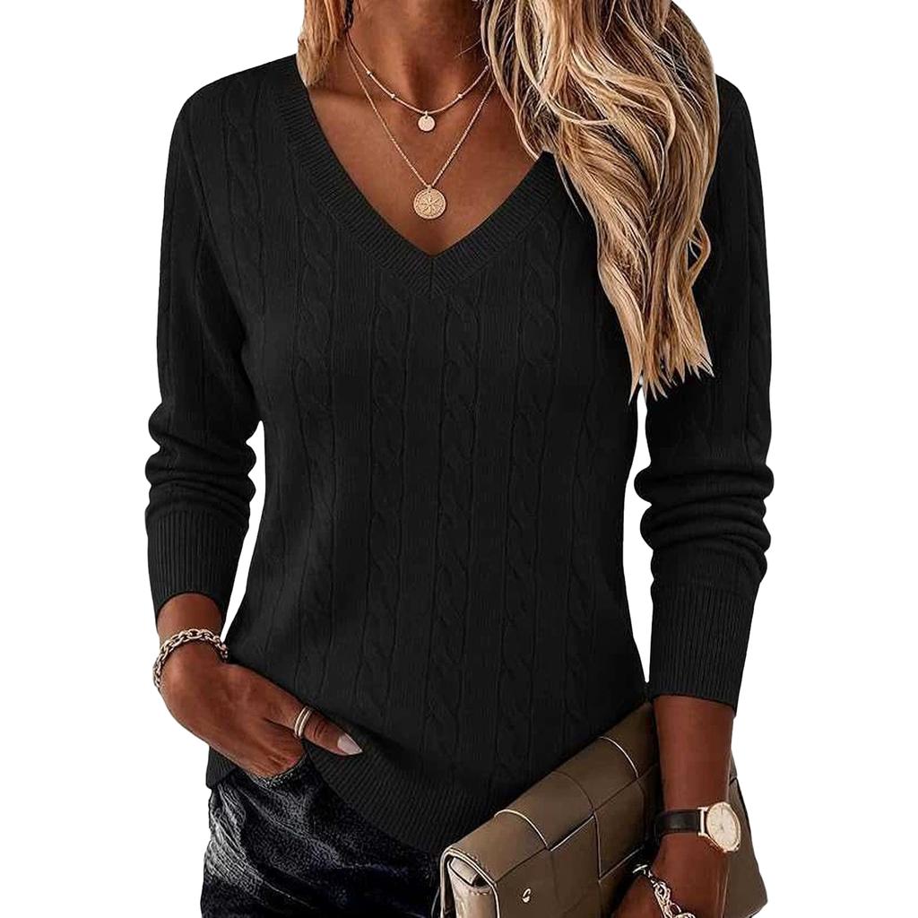 Damstickad V-ringad Tröja med Flätstickning Långärmad Pullover Topp för Höst och Vinter Casual Kläder