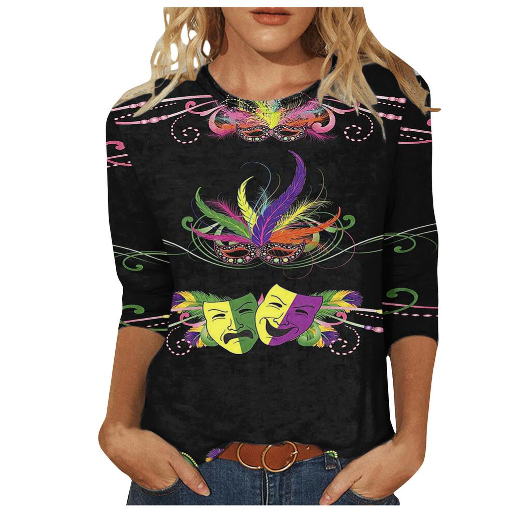 Langärmeliges Glamouröses Maskenmuster Oberteil Karnevalsthema Bedruckte Damen-T-Shirts