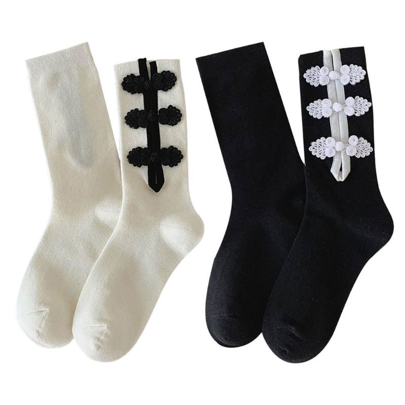 Womens Casual Crew Socks, Chinese Style Cheongsam Buckle Design Ladies Socks Solid Color Cotton Calf Socks
