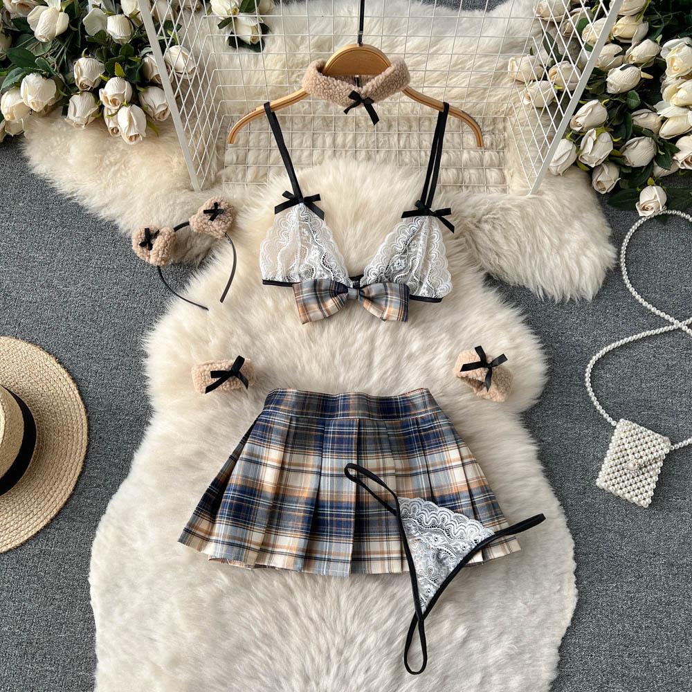 Sexy Plaid Japan Style Erotic Sets Women Pleated Short Skirt + Bow Strapless Lace Camis Female Sweet JK Uniform Lingerie Suits 2024