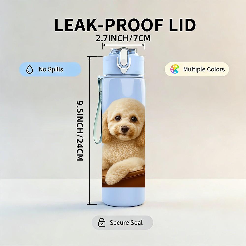 1PC Poodle Puppy Wooden Box Portrait 750ml Color Plastic Sports Water Bottle Leakproof Flip Straw Lid Suitable for Sports Office Home Use