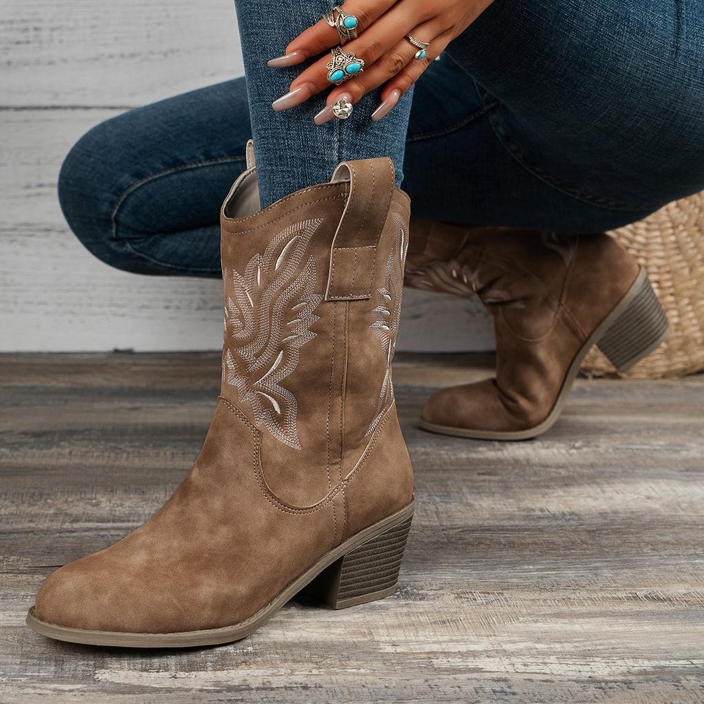 Womens Boots 2025 Embroidered Autumn Womens Shoes Chunky Heel Rider Boots Woman Mid-Calf Pointed Toe Cowboy Long Botas Mujer