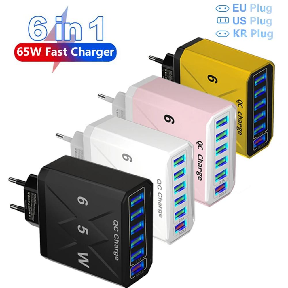 USB Şarj Cihazı 5 Port Hızlı Şarj Adaptörü iPhone Samsung Cep Telefonu İçin Fişli Şarj QC 3.0 Seyahat Duvar Şarj Cihazı AB/ABD/KR Fişli