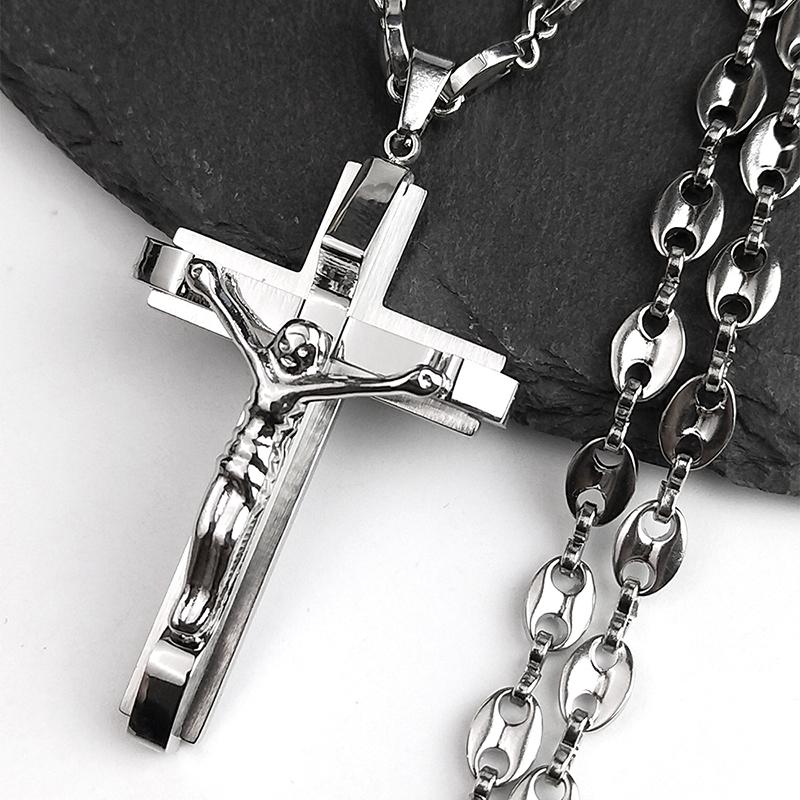 Jesus Cross Crucifix Pendant Necklace for Men Stainless Steel Gold Color Christian Coffee Bean Chain Jewelry croix chrétienne