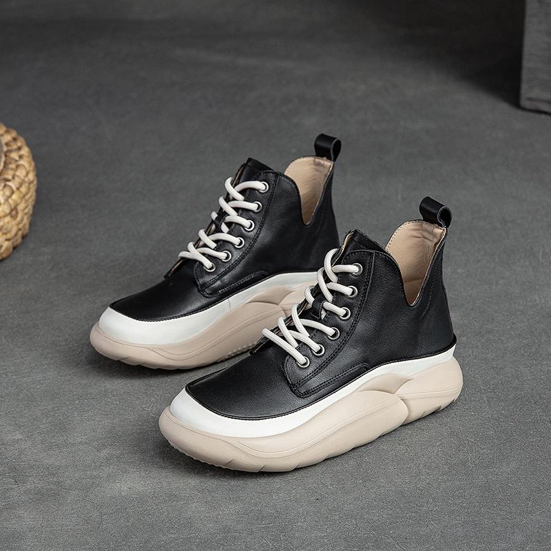 GKTINOO Genuine Leather Shoes Women Boots Lace-up Mixed Colors Round Toe 2025 New Leisure Sewing Handmade Platform Boots