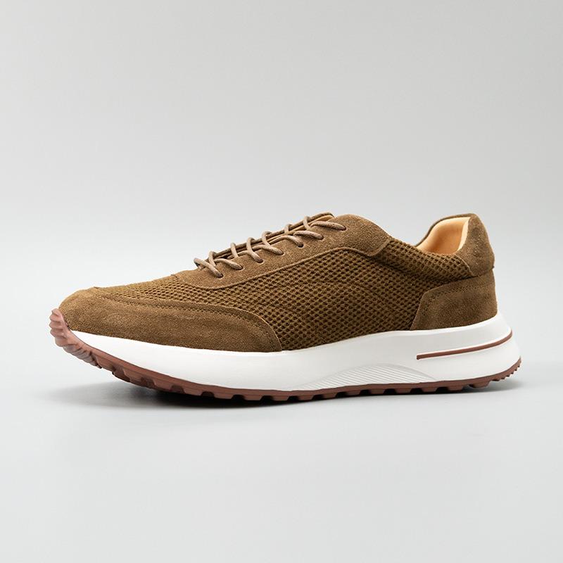 Olive green lightweight breathable mesh splicing cow suede casual shoes trendy shoes cowhide men's sports shoes