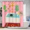Charming Pink Bathroom Shower Curtain With Black Cat In Bathtub Unique Design Waterproof Polyester Complimentary Hook Easy-Clean