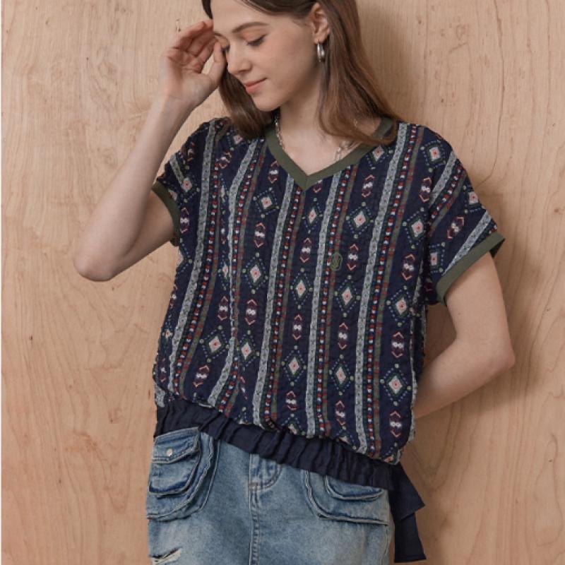 MAXZA Ethnic V Neck Ruffle Volume Blouse Zc08qb605on