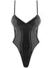 Sleek European & American Faux Leather Strappy Backless Bodysuit & Swimsuit